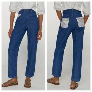 Carleen x Anthropologie | Women’s Floral Straight Jeans Blue Denim Patchwork 27